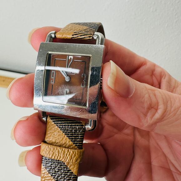 Coach Silver Square Bronze Face Watch Tan Plaid Watchband - Picture 11 of 14